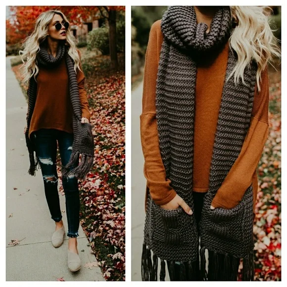 Cozy Knit Fringe Scarf - Dark Gray - Picture 2 of 3